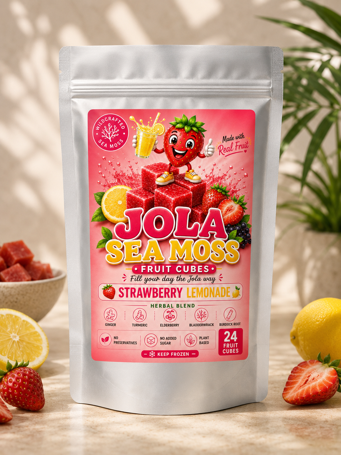 🍓 Jola Sea Moss Strawberry Lemonade Fruit Cubes – 24 Count Herbal Blend