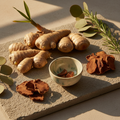 Fresh and dried ginger root on stone surface with ceramic bowl - JOLA SEA MOSS