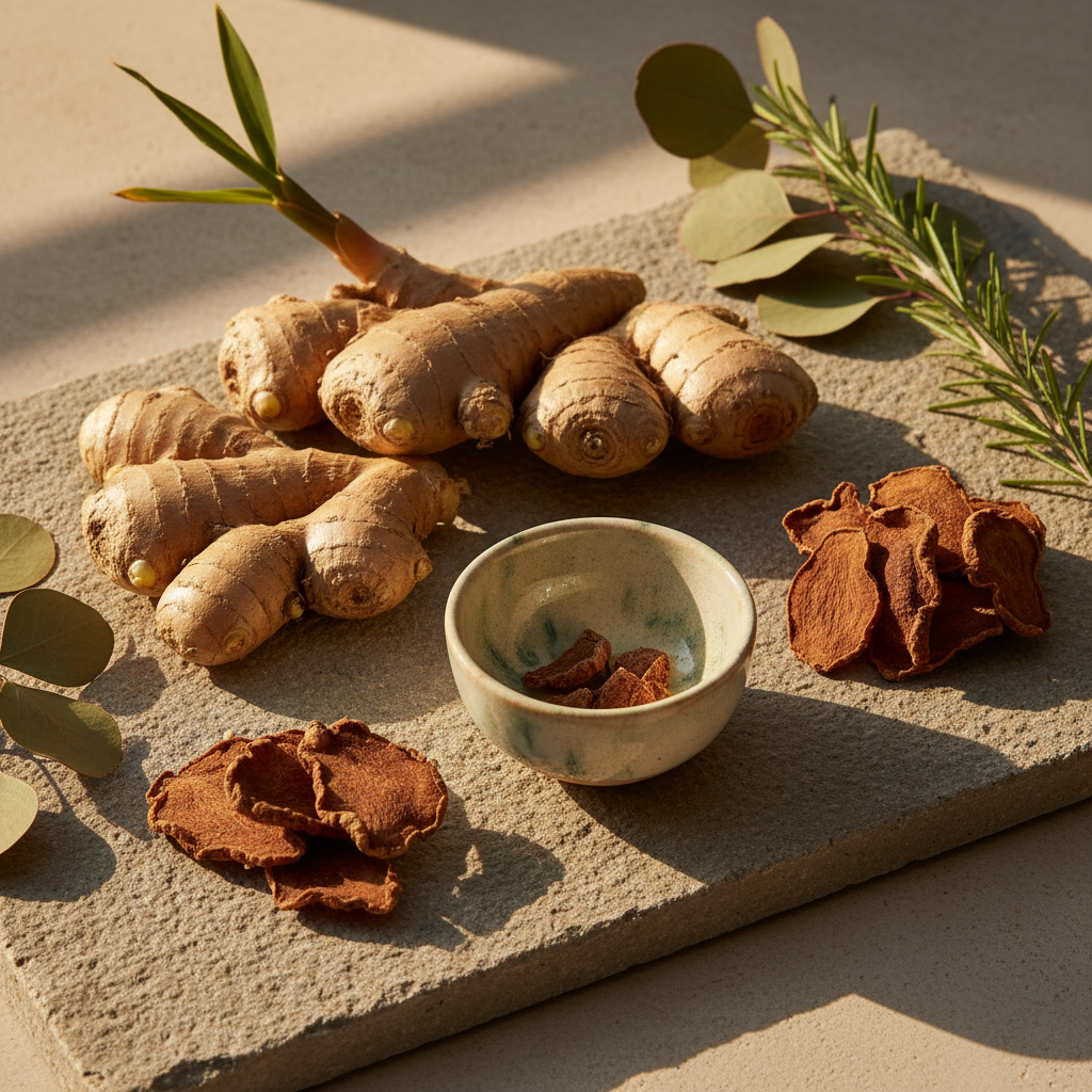 Fresh and dried ginger root on stone surface with ceramic bowl - JOLA SEA MOSS