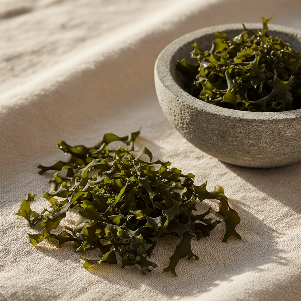 Bladderwrack seaweed dried on linen cloth with stone bowl - JOLA SEA MOSS