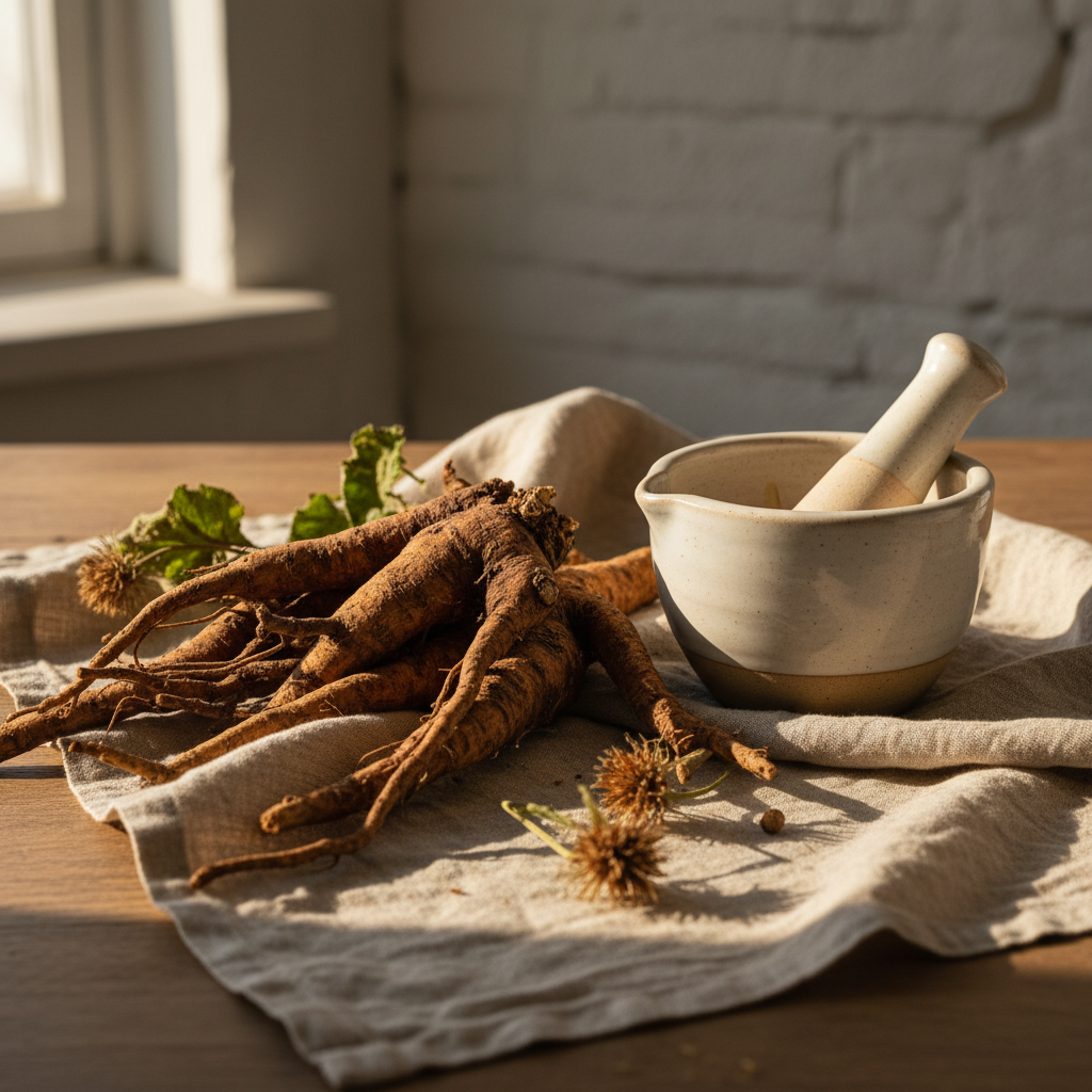 Burdock root dried on linen cloth with ceramic mortar - JOLA SEA MOSS