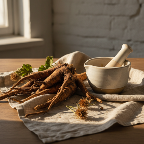 Burdock root dried on linen cloth with ceramic mortar - JOLA SEA MOSS