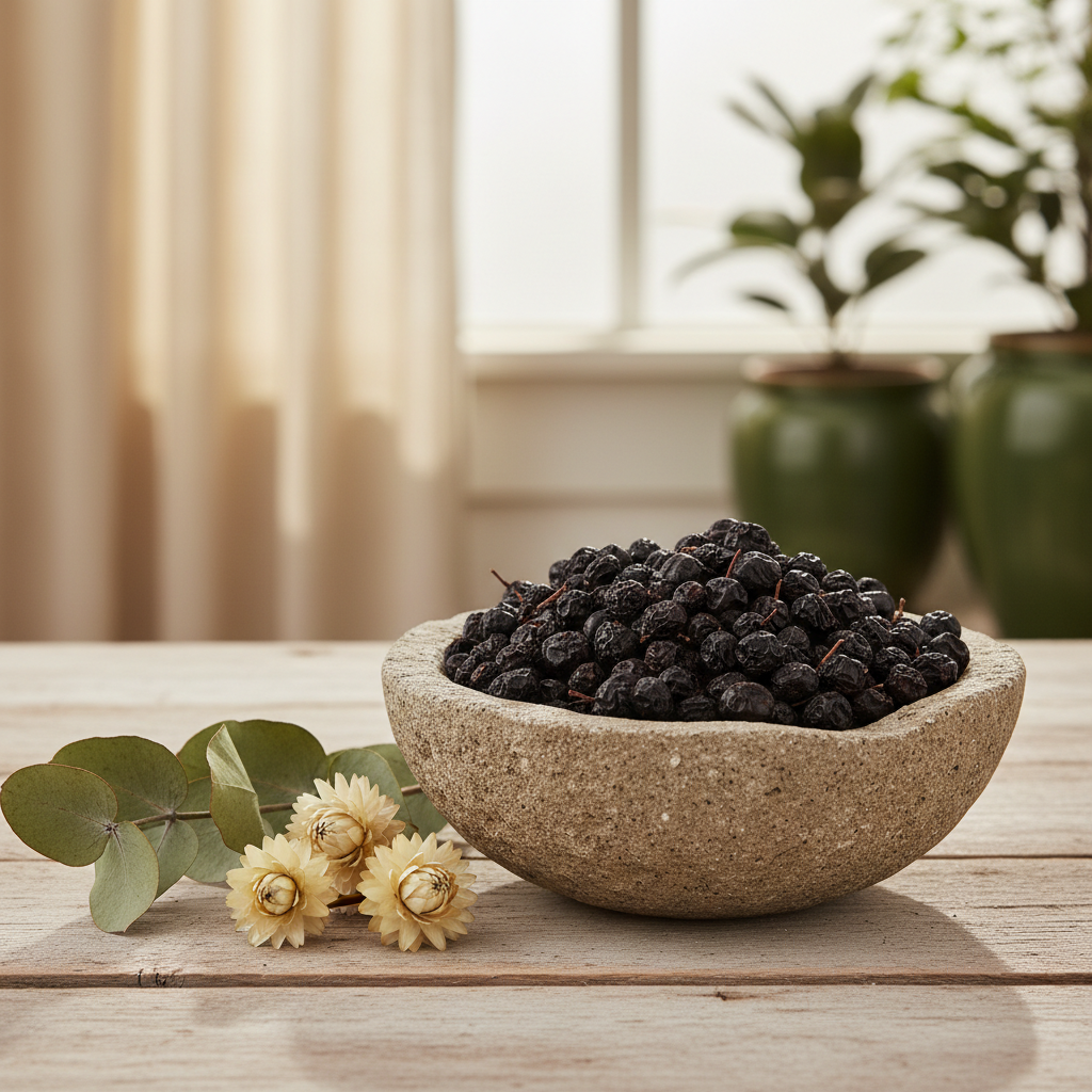 Dried elderberries in stone bowl on wooden surface - JOLA SEA MOSS
